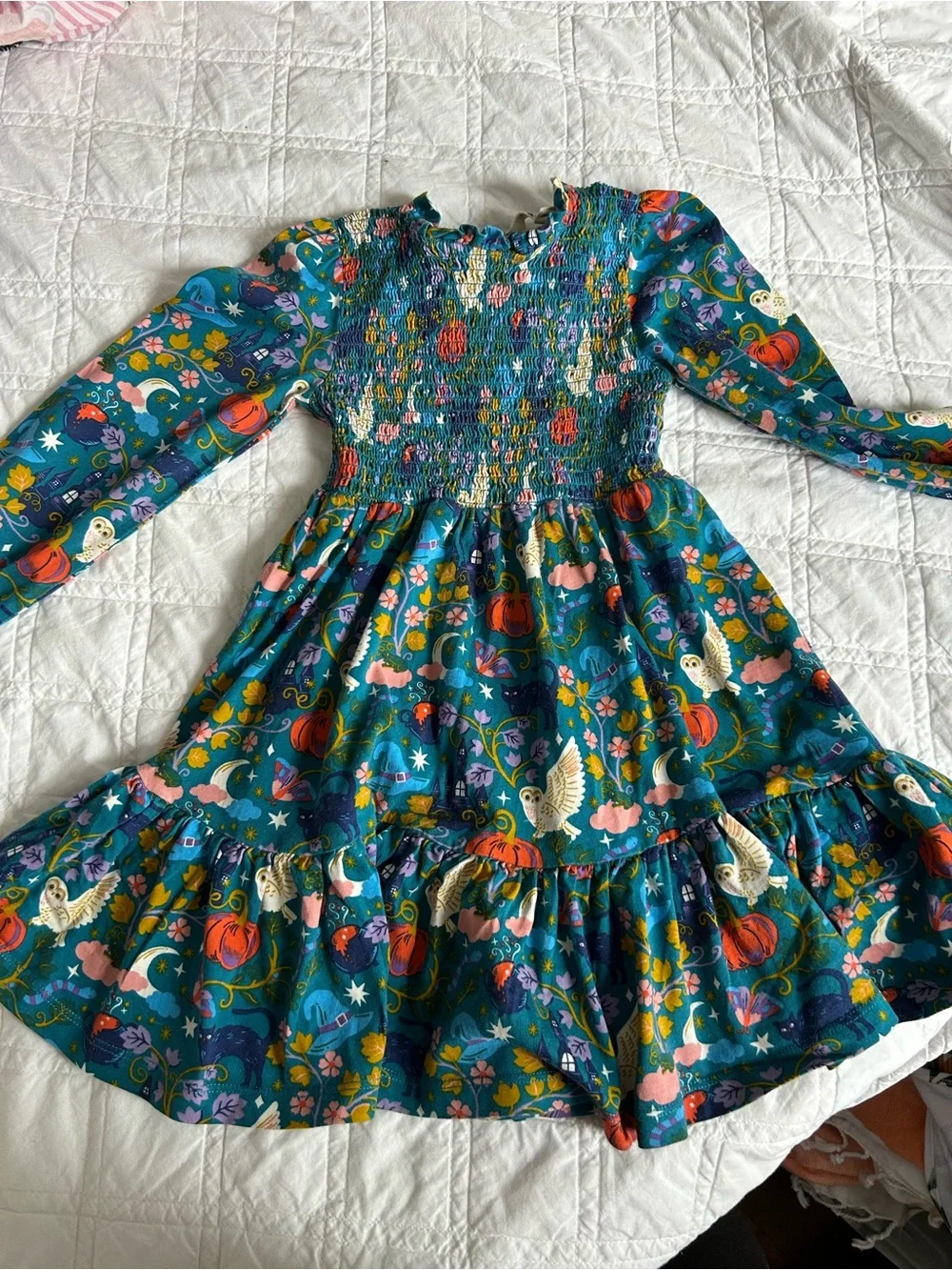 Mini Boden Teal Floral & Owl Smocked Casual Dress
